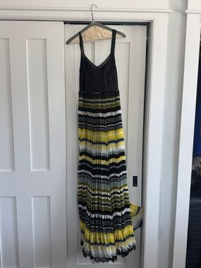 Free People Black Bodice Yellow White and Gray Striped Pleated Maxi Dress